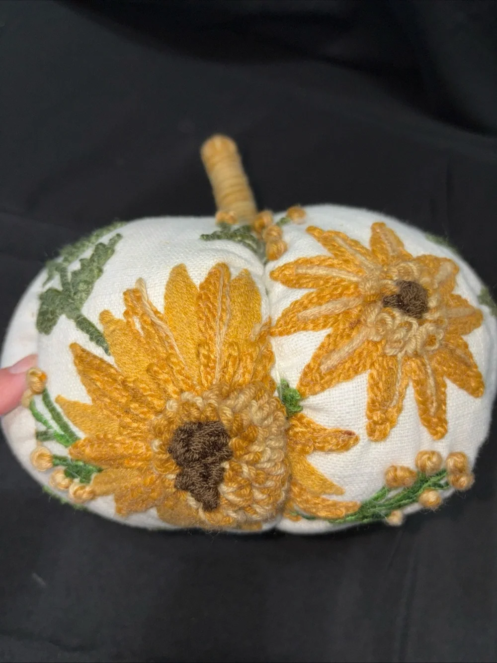 Source Unknown White Accent Pillow Pumpkin with Mustard Embroidered Flowers